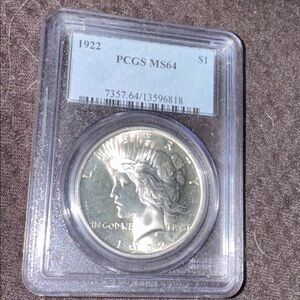 1922 Silver Peace Dollar Coin Graded MS 64 by PCGS